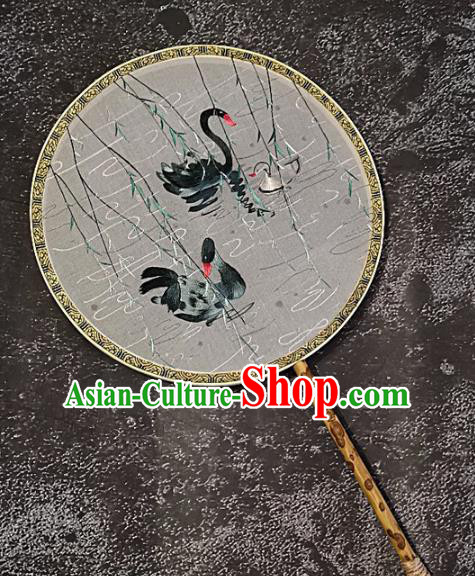 Chinese Traditional Embroidery Swan Palace Fans Handmade Mottled Bamboo Round Fan Embroidered Silk Craft