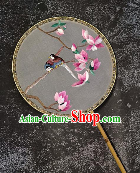 Chinese Traditional Embroidery Mangnolia Birds Palace Fans Handmade Mottled Bamboo Round Fan Embroidered Silk Fan Craft