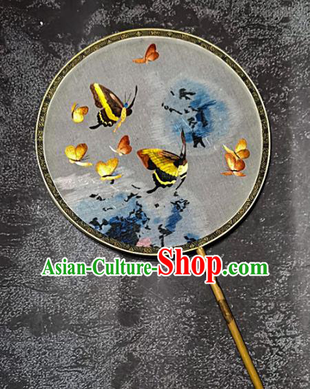 Chinese Traditional Embroidery Butterfly Palace Fans Handmade Mottled Bamboo Round Fan Embroidered Silk Fan Craft