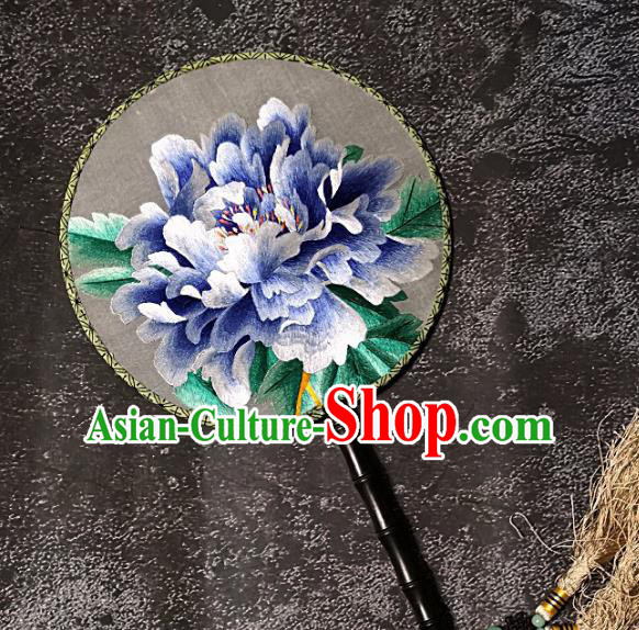 Chinese Traditional Embroidery Blue Peony Palace Fans Handmade Round Fan Embroidered Silk Fan Craft