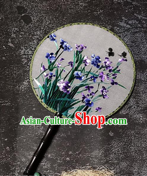 Chinese Traditional Embroidery Orchids Palace Fans Handmade Round Fan Embroidered Silk Fan Craft