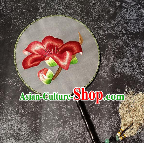 Chinese Traditional Embroidery Palace Fans Handmade Round Fan Embroidered Red Flower Silk Fan Craft