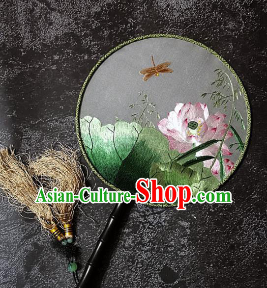 Chinese Traditional Palace Fans Handmade Embroidery Round Fan Embroidered Dragonfly Lotus Silk Fan Craft