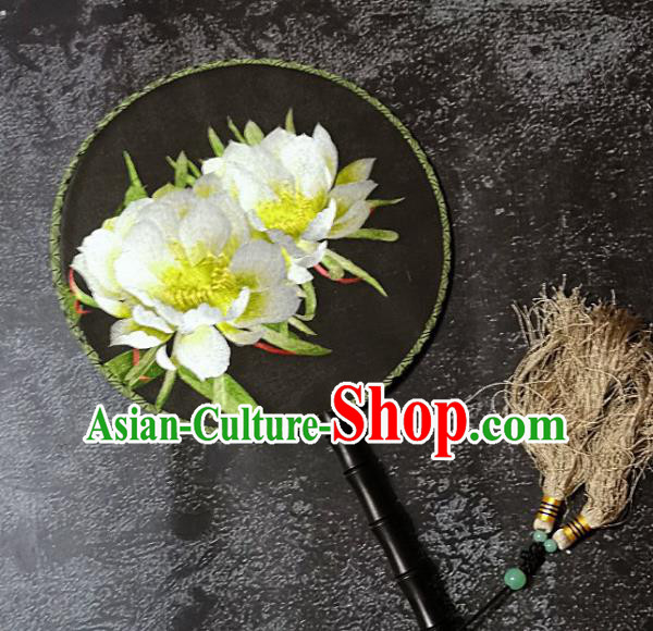 Chinese Traditional Palace Fans Handmade Embroidery Round Fan Embroidered Peony Silk Fan Craft