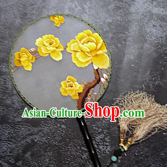 Chinese Traditional Embroidered Palace Fans Handmade Embroidery Yellow Peony Round Fan Silk Fan Craft