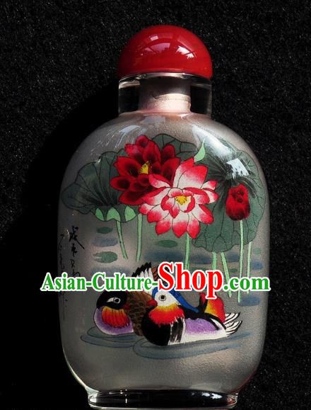 Chinese Handmade Snuff Bottle Traditional Inside Painting Mandarin Duck Lotus Snuff Bottles Artware