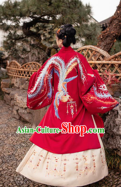 Chinese Ming Dynasty Royal Empress Embroidered Red Costumes Traditional Ancient Court Woman Garment Hanfu Cloak Blouse and Skirt Full Set
