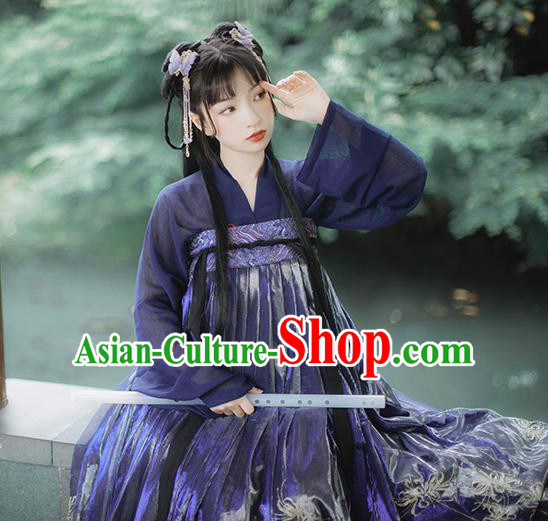 Chinese Traditional Ancient Tang Dynasty Palace Lady Costumes Classical Hanfu Purple Blouse and Dress Set