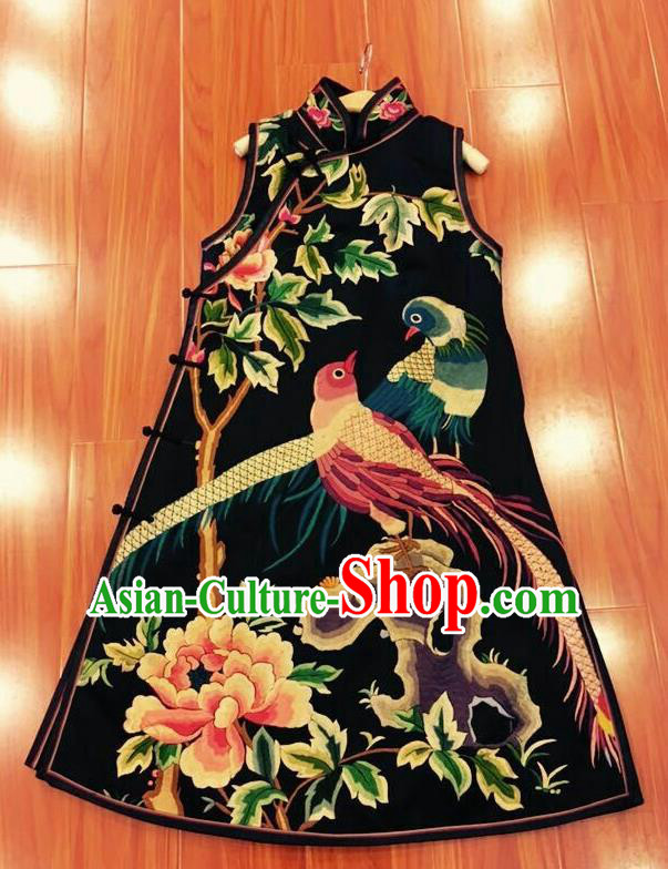 Traditional Chinese Embroidered Peony Golden Pheasant Cheongsam National Costume Republic of China Stand Collar Qipao Dress for Women