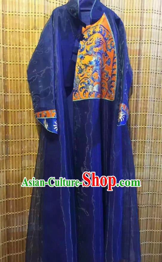 Traditional Chinese Embroidered Royalblue Organza Cheongsam National Costume Republic of China Stand Collar Qipao Dress for Women