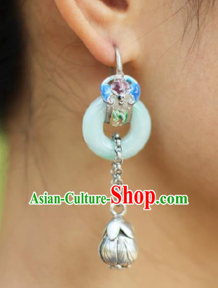 Chinese Handmade Blueing Silver Ear Accessories Traditional Jade Peace Buckle Earrings for Women