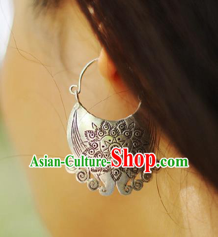 Chinese Handmade Silver Carving Ear Accessories Traditional Ethnic Earrings for Women