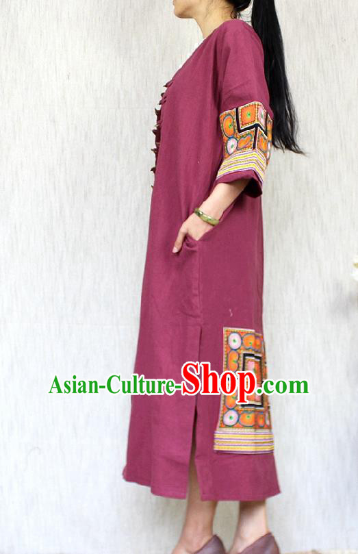 Traditional Chinese Embroidered Wine Red Flax Dust Coat National Costume Tang Suit Overcoat for Women