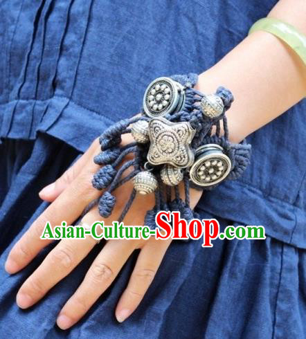 Chinese Handmade Miao Ethnic Sennit Accessories Traditional Minority Stage Show Silver Bracelet for Women