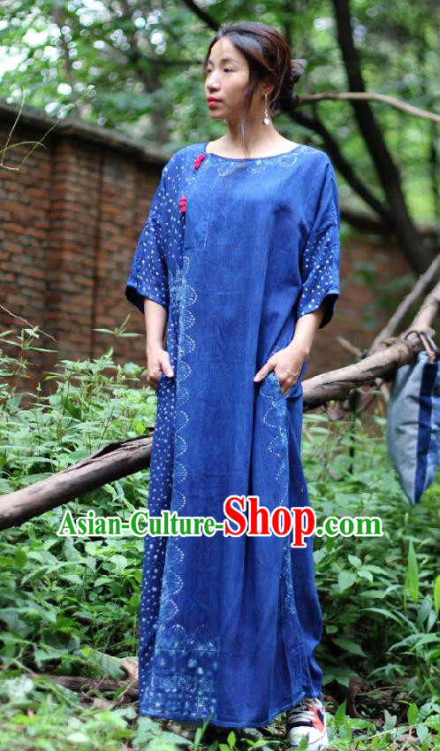 Traditional Chinese Hand Painting Qipao Dress National Costume Tang Suit Blue Flax Cheongsam for Women