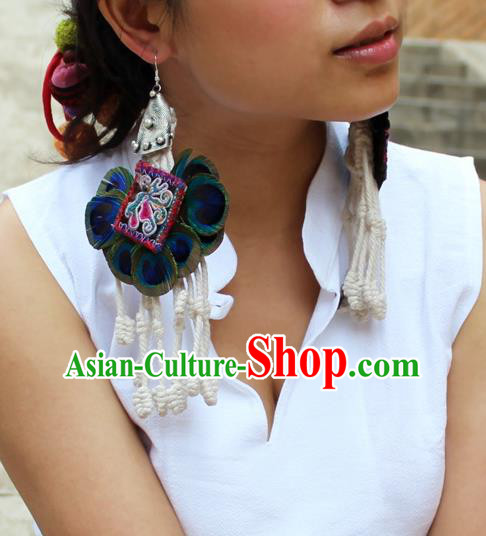 Chinese Handmade Miao Nationality Feather Earrings Traditional Minority Ethnic Silver Jewelry Ear Accessories for Women