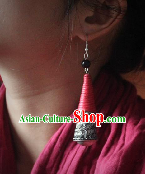 Chinese Handmade Miao Nationality Embroidered Red Earrings Traditional Minority Ethnic Jewelry Ear Accessories for Women