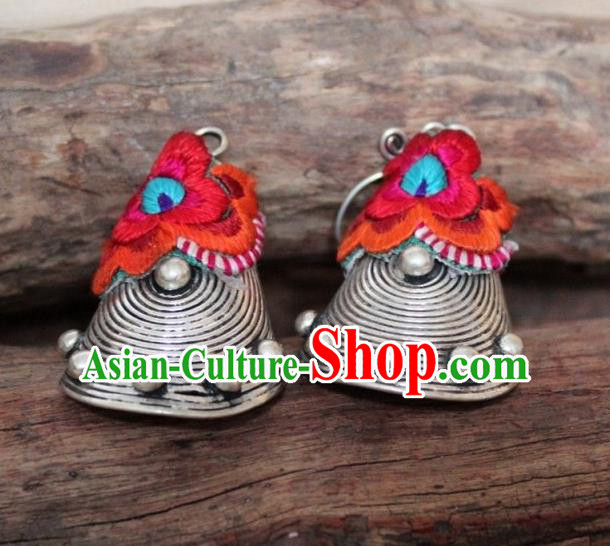 Chinese Handmade Miao Nationality Embroidered Red Earrings Traditional Minority Ethnic Folk Dance Ear Accessories for Women