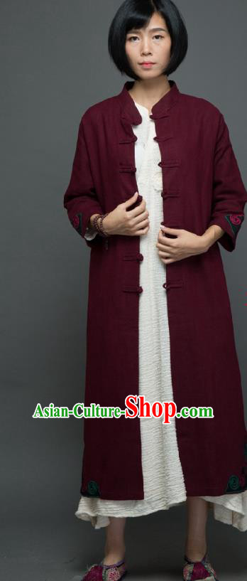 Traditional Chinese Overcoat Dress National Costume Tang Suit Embroidered Wine Red Dust Coat for Women