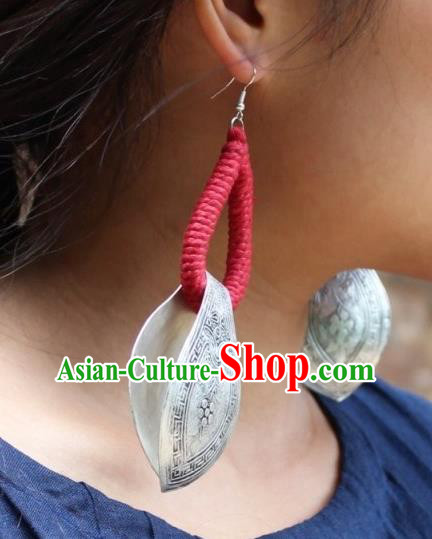 Chinese Handmade Miao Nationality Silver Carving Earrings Traditional Minority Ethnic Ear Accessories for Women