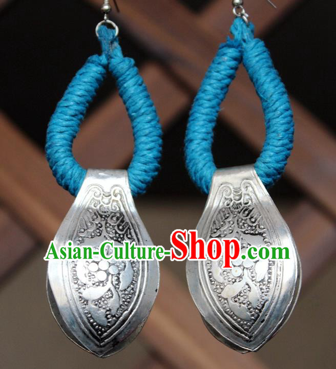 Chinese Handmade Miao Nationality Silver Carving Earrings Traditional Minority Ethnic Blue Sennit Ear Accessories for Women