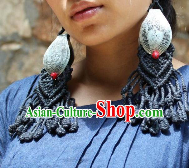 Chinese Handmade Miao Nationality Silver Carving Earrings Traditional Minority Ethnic Black Sennit Ear Accessories for Women