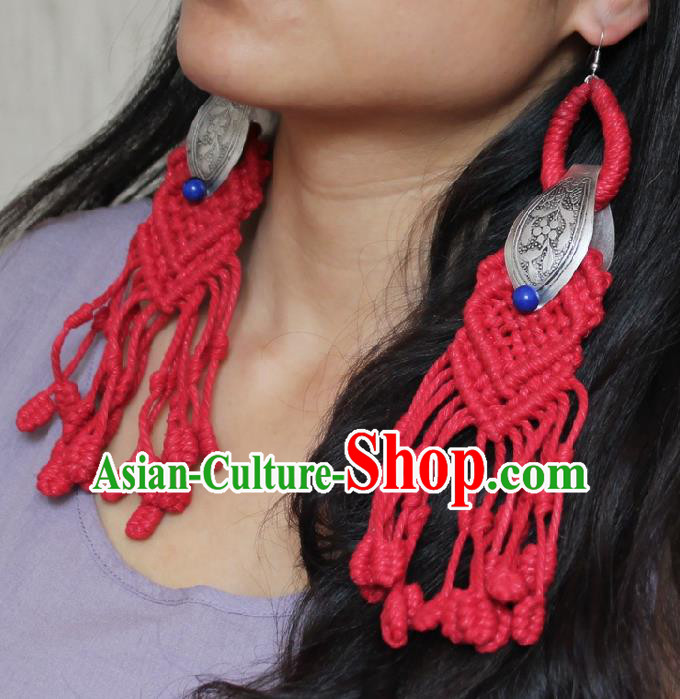 Chinese Handmade Miao Nationality Silver Carving Earrings Traditional Minority Ethnic Red Sennit Ear Accessories for Women