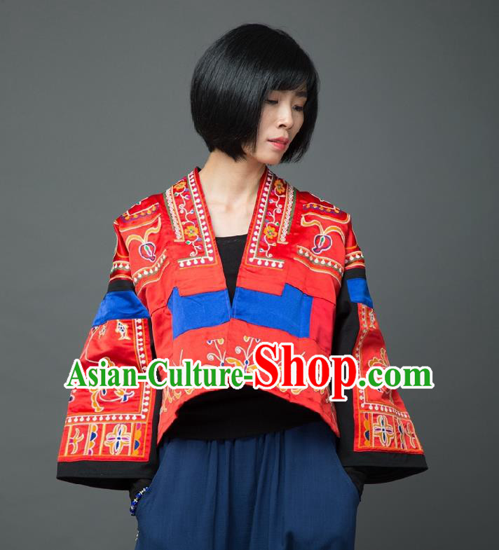 Traditional Chinese Embroidered Red Short Overcoat Dress National Costume Tang Suit Upper Outer Garment for Women