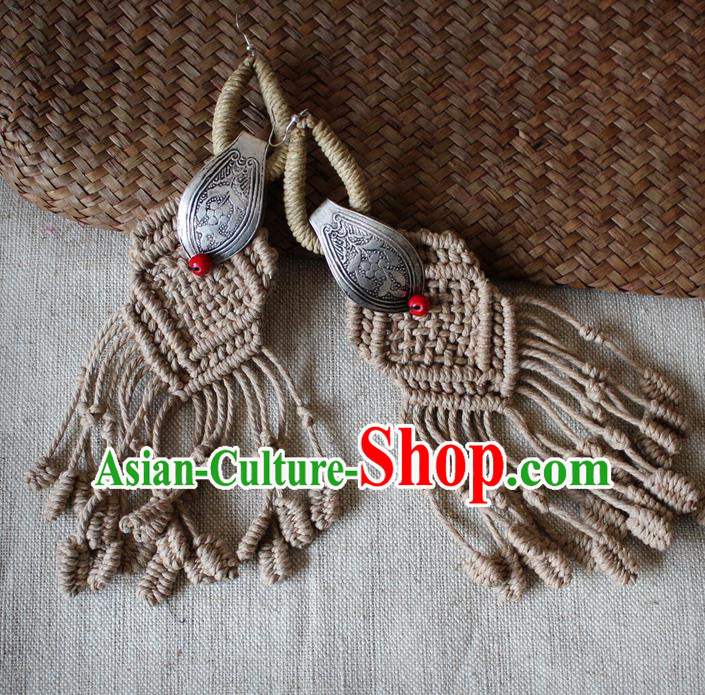 Chinese Handmade Miao Nationality Silver Carving Earrings Traditional Minority Ethnic Flaxen Sennit Ear Accessories for Women