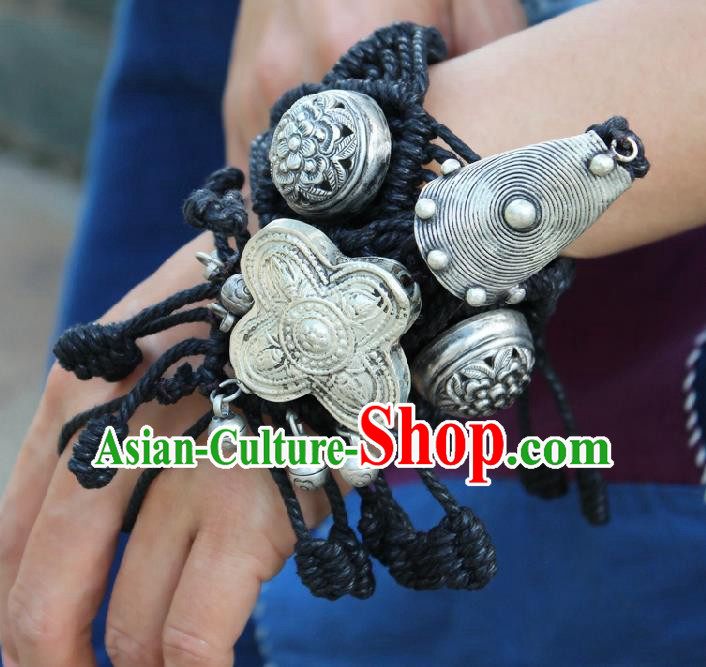 Chinese Handmade Miao Ethnic Silver Bells Wristband Accessories Traditional Minority Black Sennit Bracelet Bangle for Women