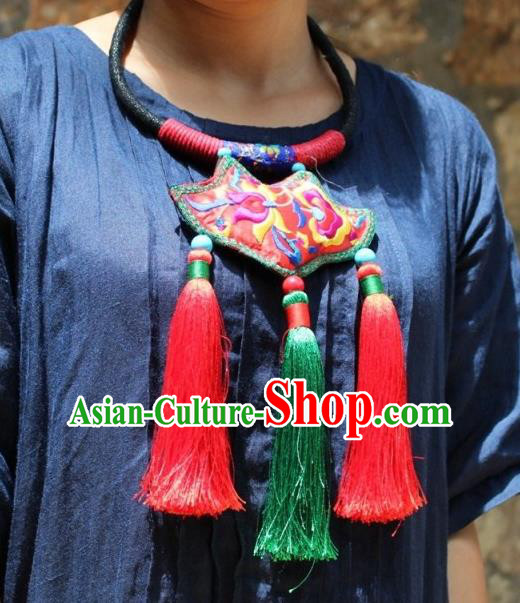 Chinese Handmade Miao Ethnic Embroidered Necklet Accessories Traditional Minority Tassel Necklace for Women