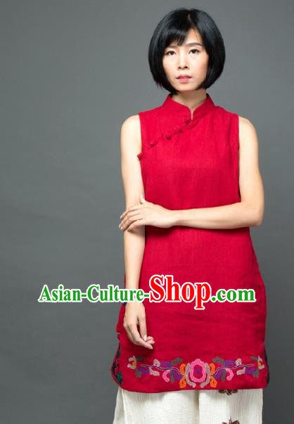 Traditional Chinese Red Flax Short Qipao Dress National Costume Tang Suit Plated Buttons Cheongsam Garment for Women