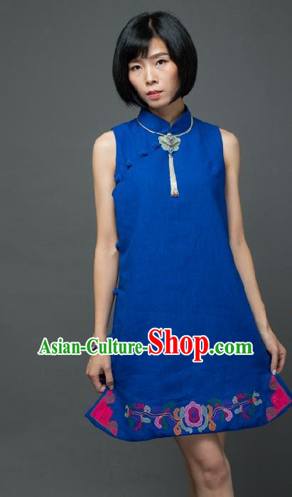 Traditional Chinese Blue Flax Qipao Dress National Costume Tang Suit Plated Buttons Cheongsam Garment for Women