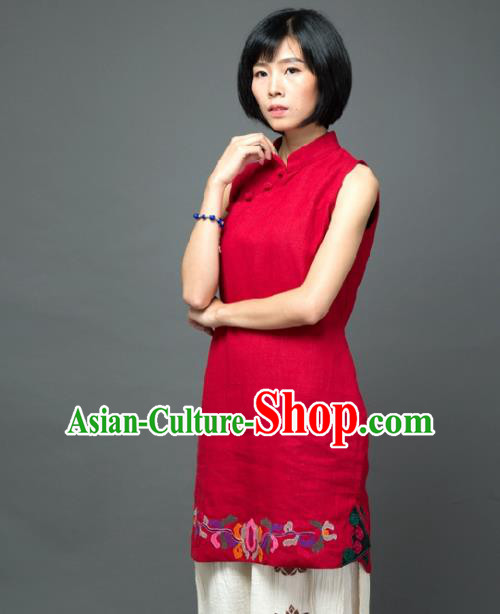Traditional Chinese Red Flax Short Qipao Dress National Costume Tang Suit Plated Buttons Cheongsam Garment for Women