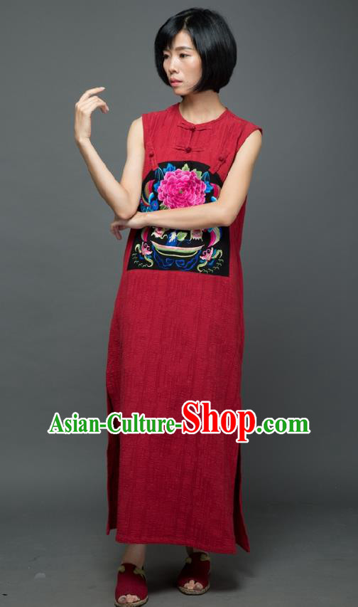 Traditional Chinese Embroidered Peony Birds Red Qipao Dress National Costume Tang Suit Sleeveless Cheongsam Garment for Women