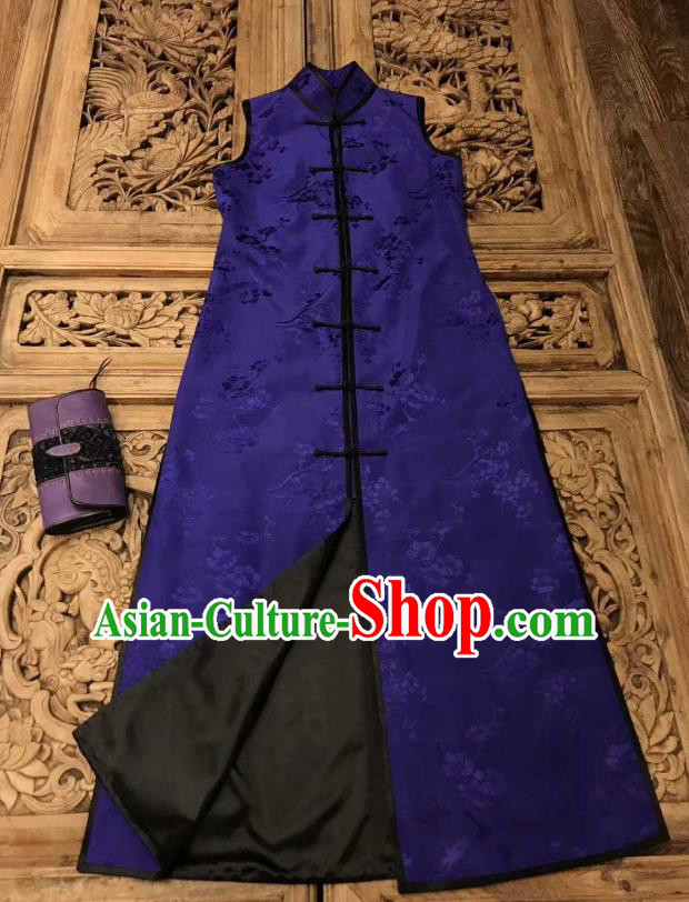 Traditional Chinese Purple Silk Long Vest National Costume Republic of China Stand Collar Dress for Women
