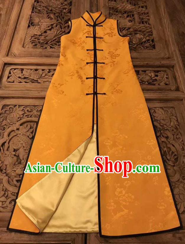 Traditional Chinese Yellow Silk Long Vest National Costume Republic of China Stand Collar Dress for Women