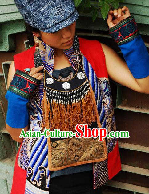 Chinese Handmade Miao Ethnic Embroidered Necklet Collar Accessories Traditional Minority Brown Tassel Necklace for Women