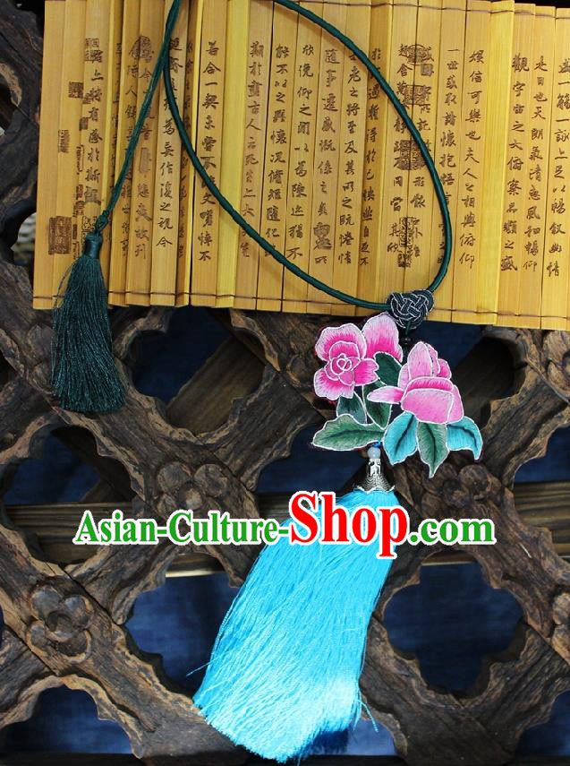 Chinese Handmade Miao Nationality Embroidered Roses Necklet Accessories Traditional Minority Ethnic Blue Tassel Necklace for Women