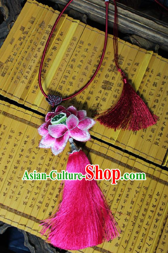 Chinese Handmade Miao Nationality Embroidered Lotus Necklet Accessories Traditional Minority Ethnic Rosy Tassel Necklace for Women