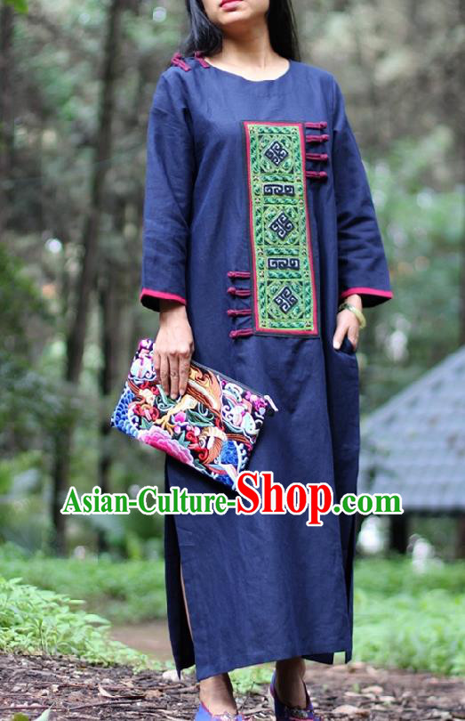 Traditional Chinese Embroidered Navy Dress National Costume Tang Suit Gown Garment Cheongsam for Women