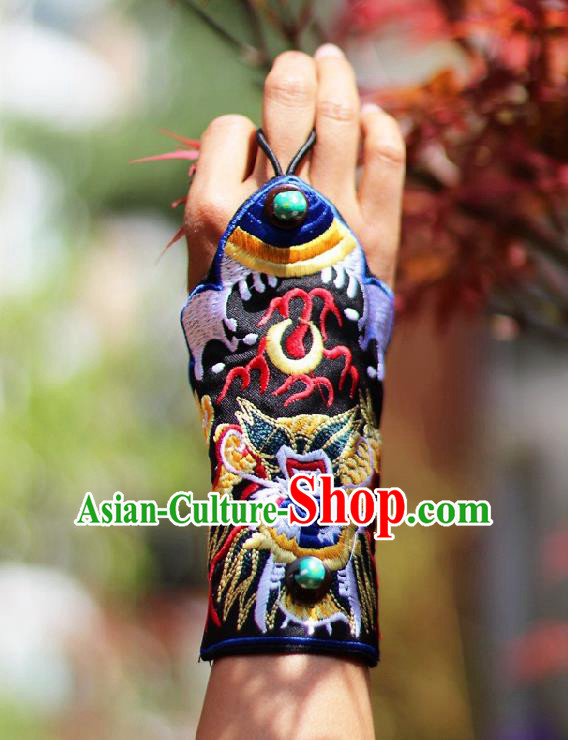 Chinese Handmade Miao Ethnic Embroidered Tiger Black Wristband Accessories Traditional Minority Bracelet Cloth Bangle for Women