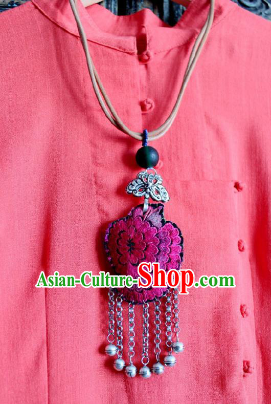 Chinese Handmade Miao Nationality Embroidered Jewelry Accessories Traditional Minority Ethnic Bells Tassel Necklace for Women