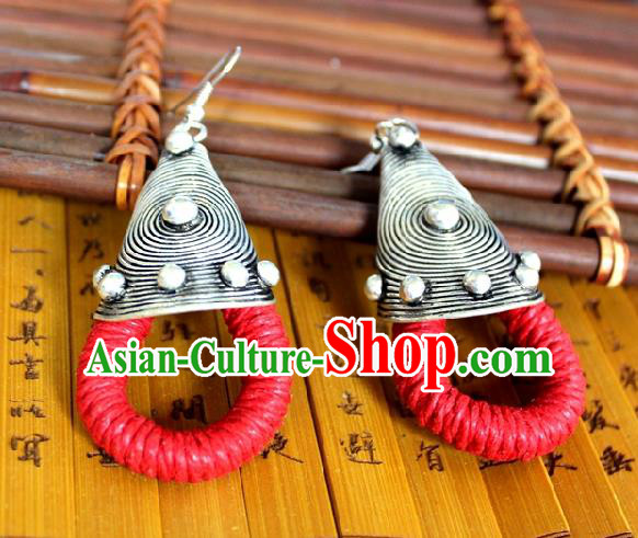 Chinese Handmade Miao Nationality Red Sennit Ear Accessories Traditional Minority Ethnic Silver Earrings for Women