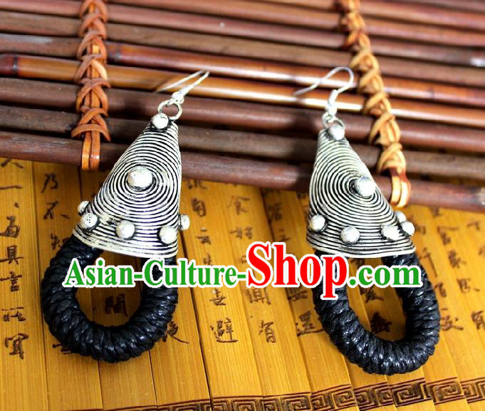 Chinese Handmade Miao Nationality Black Sennit Ear Accessories Traditional Minority Ethnic Silver Earrings for Women