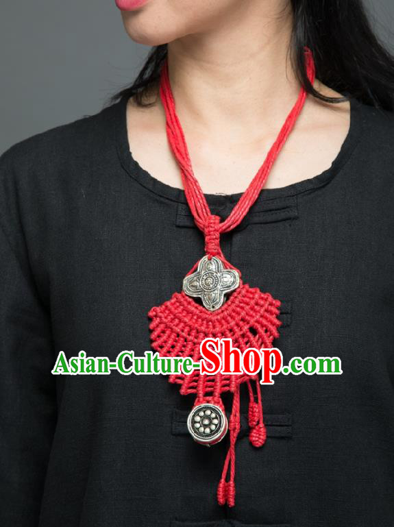 Chinese Handmade Miao Nationality Red Sennit Accessories Traditional Minority Ethnic Silver Carving Necklace for Women