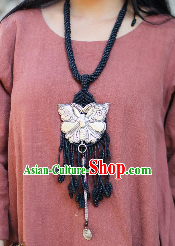 Chinese Handmade Miao Nationality Black Sennit Tassel Necklace Accessories Traditional Minority Ethnic Silver Butterfly Necklet for Women