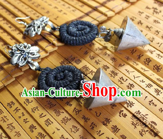 Chinese Handmade Miao Nationality Silver Cone Earrings Traditional Minority Ethnic Black Sennit Ear Accessories for Women