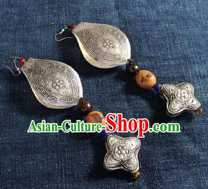 Chinese Handmade Miao Nationality Silver Carving Earrings Traditional Minority Ethnic Ear Accessories for Women