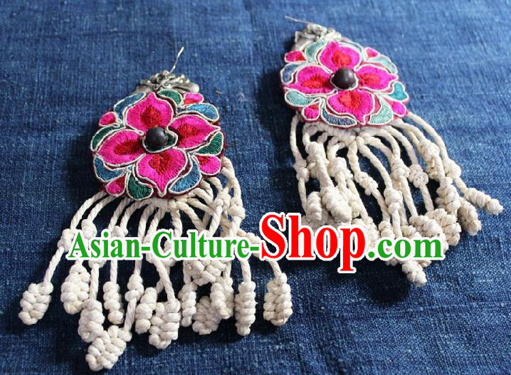 Chinese Handmade Miao Nationality Embroidered Flower Earrings Traditional Minority Ethnic Sennit Tassel Ear Accessories for Women